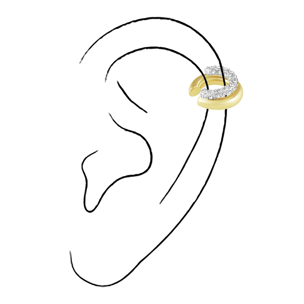 Gold earring worn on a black line drawing of an ear against a white background