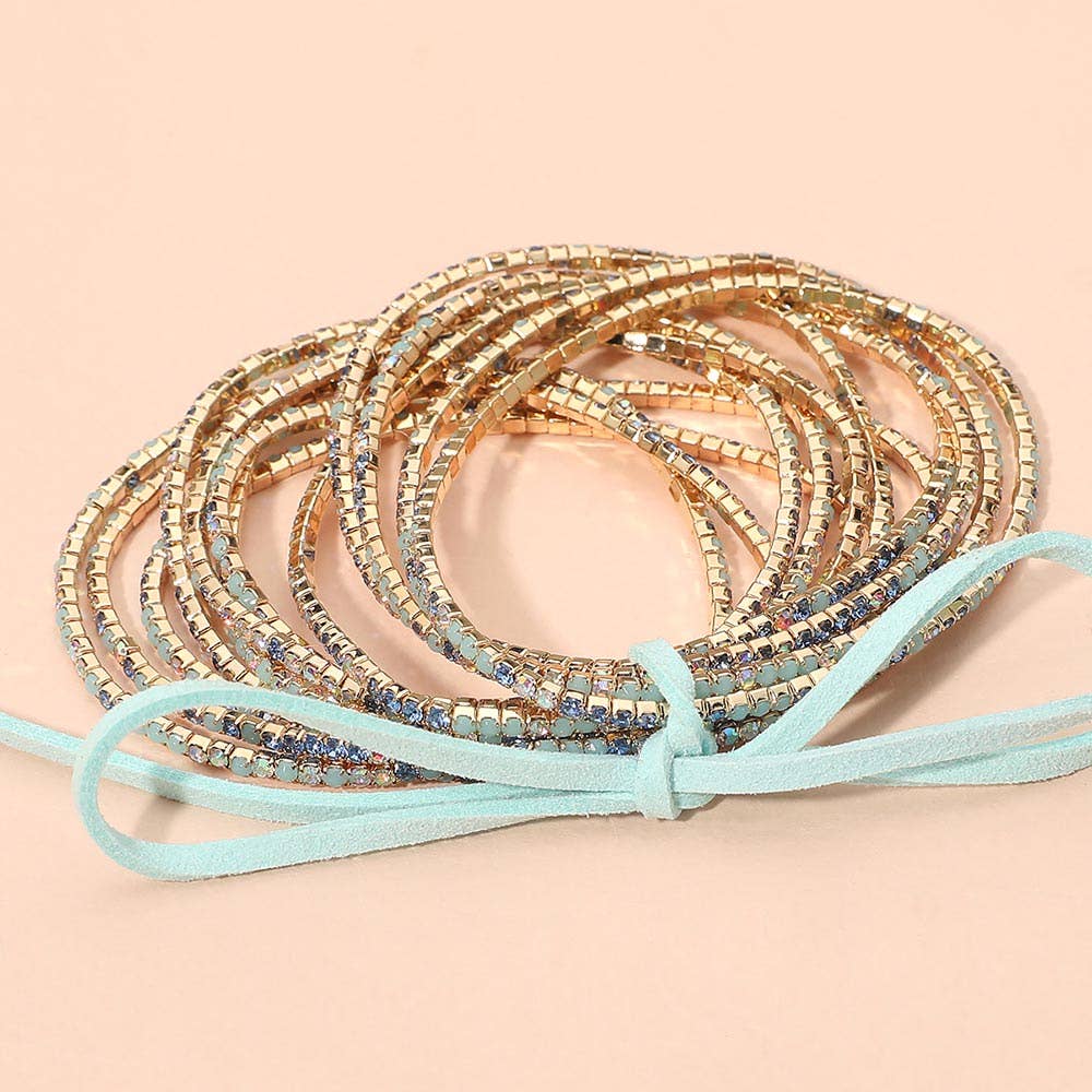 12PCS - Ribbon Colorful Rhinestone Layered Stretch Bracelets