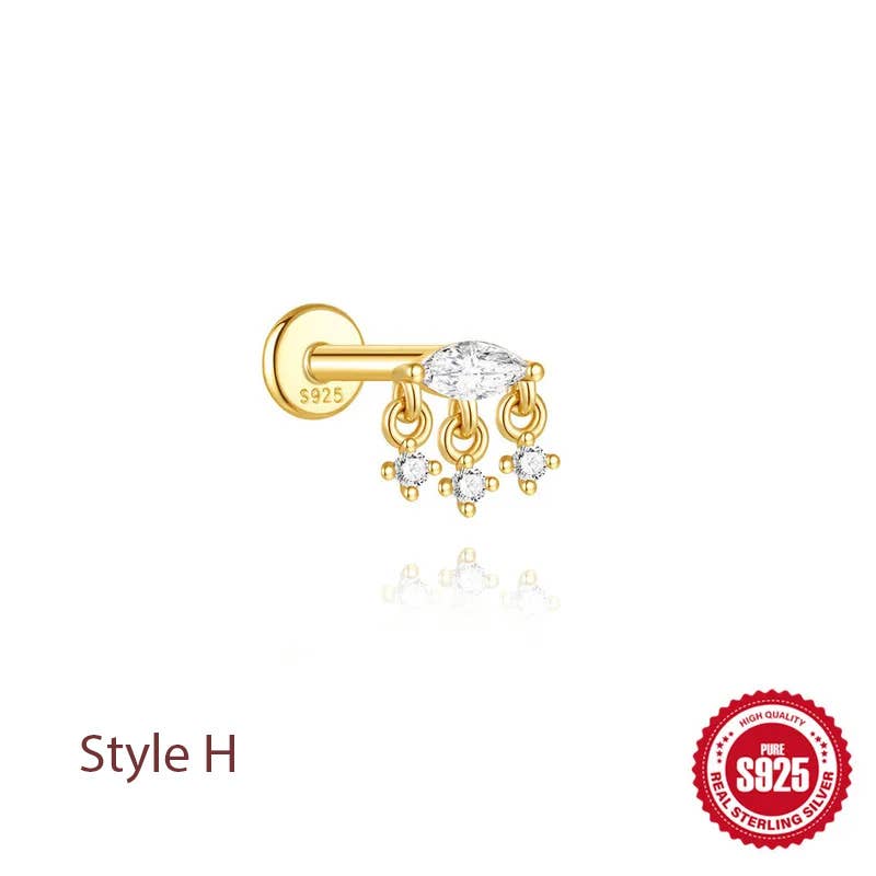 A gold cartilage piercing stud with a barbell back, featuring a marquise-cut clear gemstone and three dangling floral clusters of clear cubic zirconia. The post is marked 'S925' and the image includes 'Style H' text and a '925 Sterling Silver' quality badge.