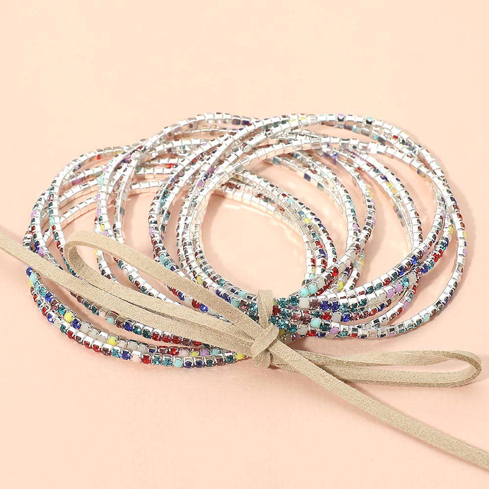 12PCS - Ribbon Colorful Rhinestone Layered Stretch Bracelets