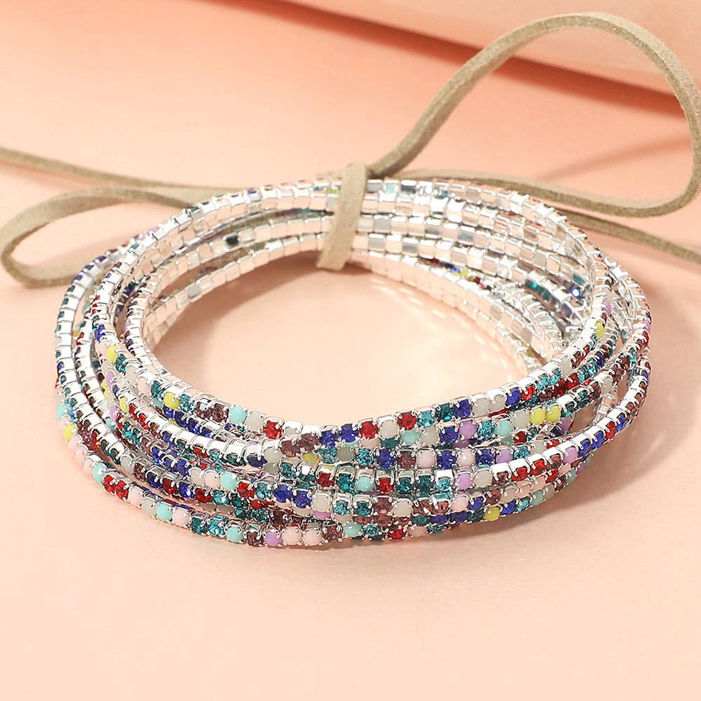 12PCS - Ribbon Colorful Rhinestone Layered Stretch Bracelets