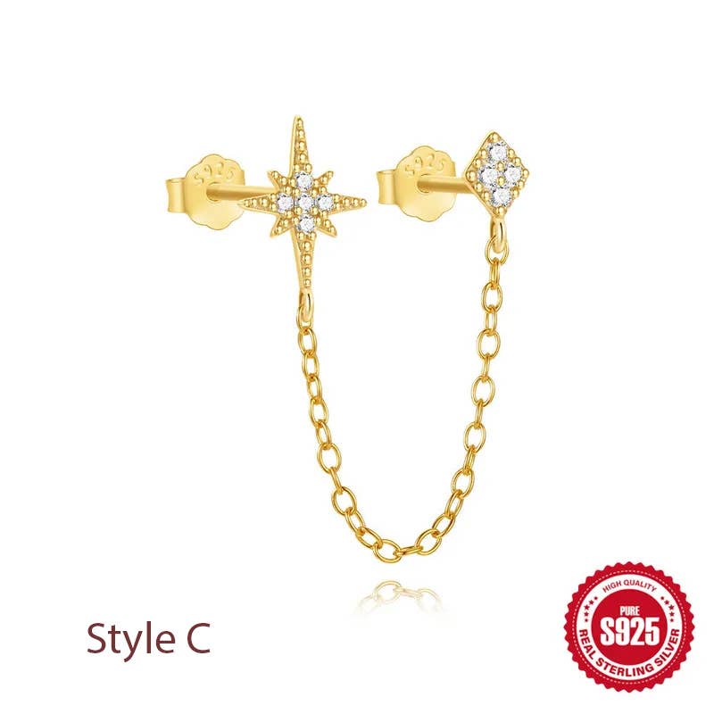 Gold ear cuff with a star and diamond-shaped studs connected by a chain, featuring clear rhinestones, shown on a white background with a 'Style C' label and an S925 sterling silver seal.