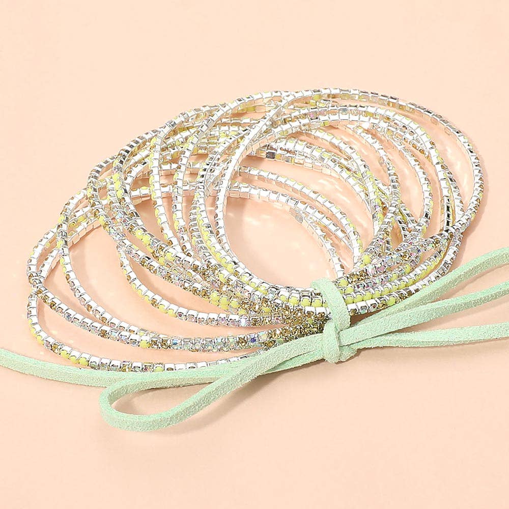 12PCS - Ribbon Colorful Rhinestone Layered Stretch Bracelets