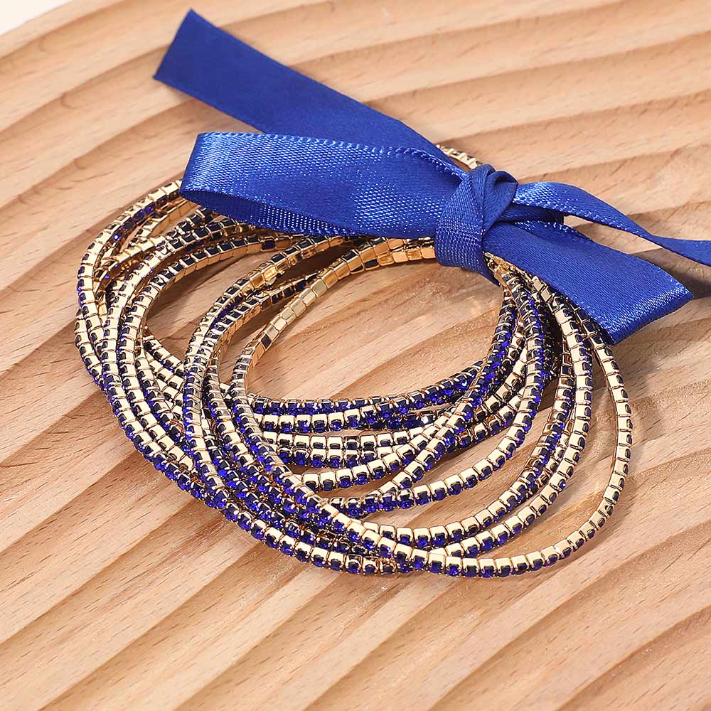 12PCS - Ribbon Slim Rhinestone Stretch Multi Layered Bracelet