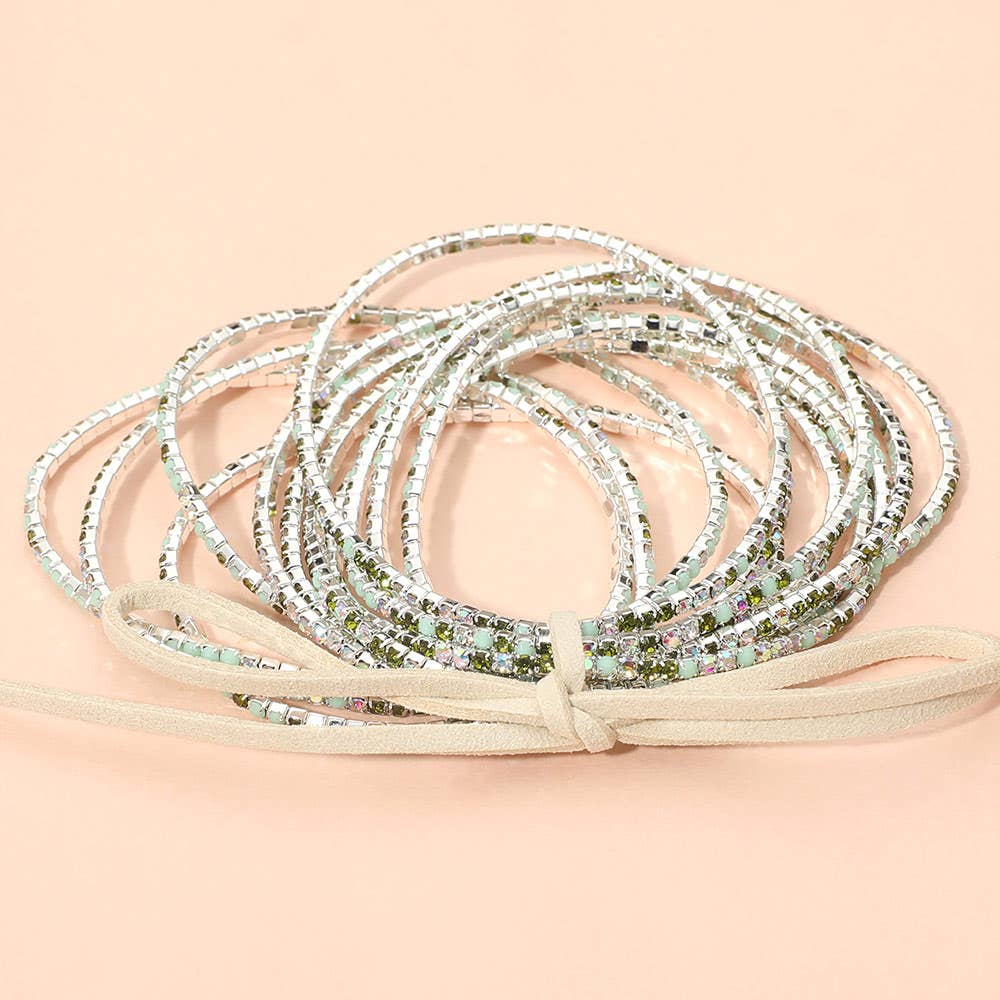 12PCS - Ribbon Colorful Rhinestone Layered Stretch Bracelets