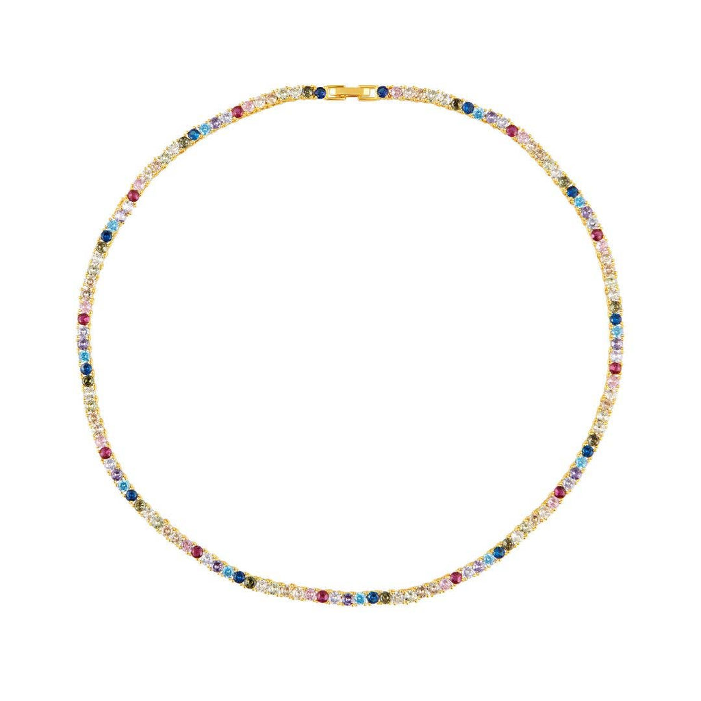 Multicolored gemstone necklace on a white background