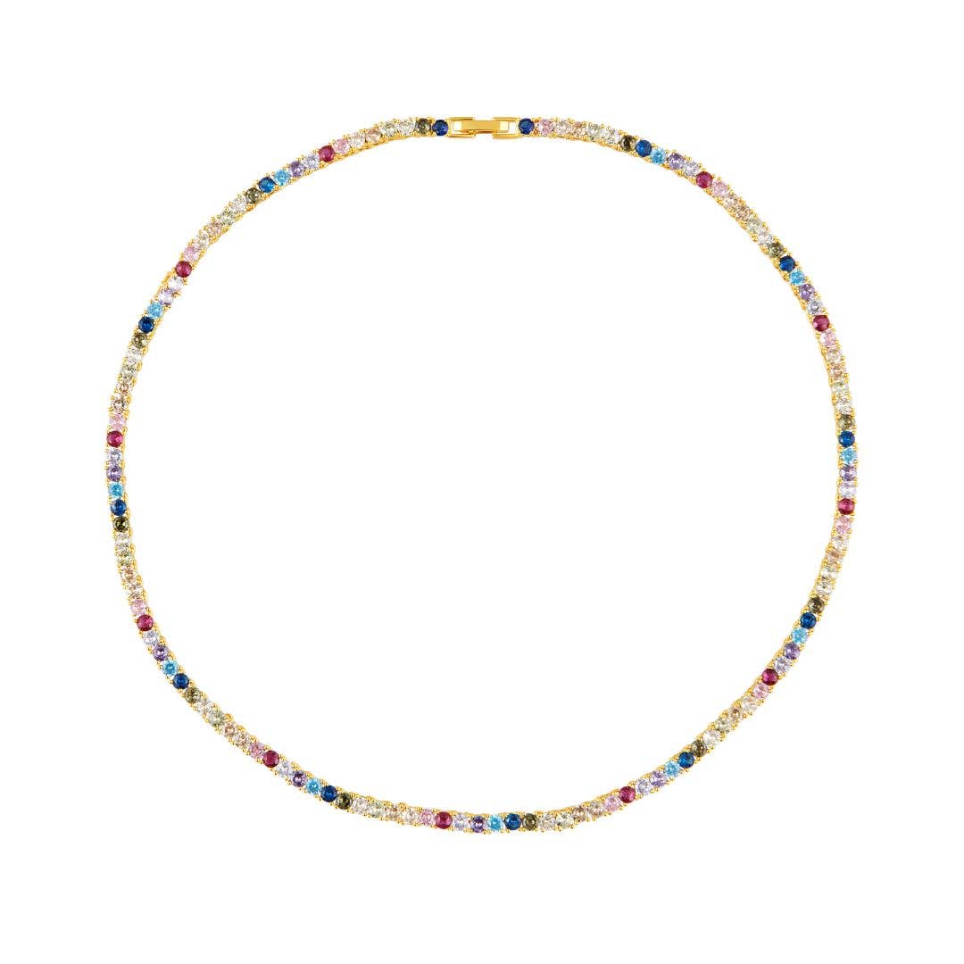 Multicolored gemstone necklace on a white background