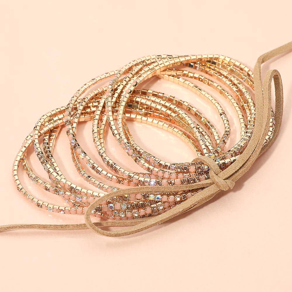 12PCS - Ribbon Colorful Rhinestone Layered Stretch Bracelets