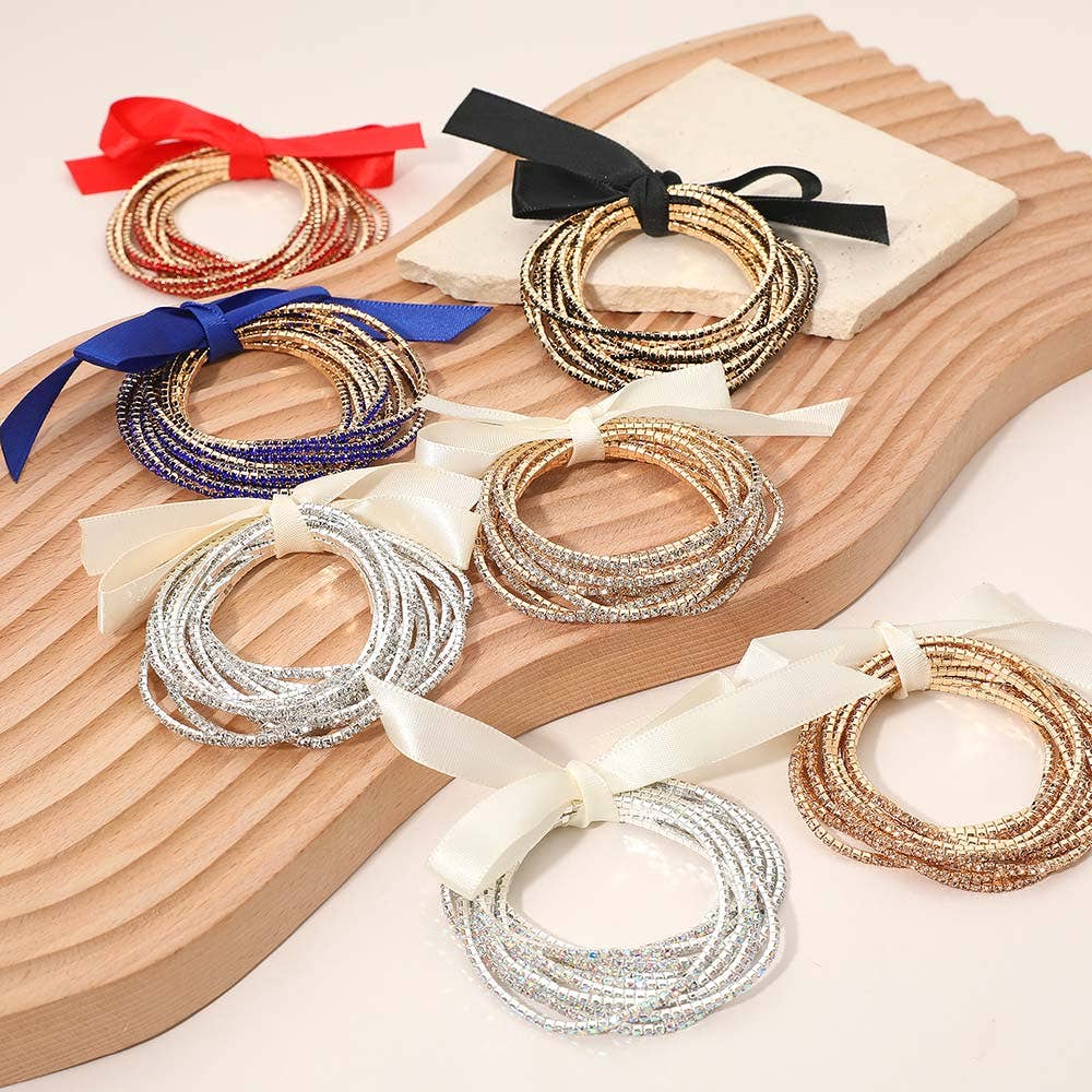 12PCS - Ribbon Slim Rhinestone Stretch Multi Layered Bracelet