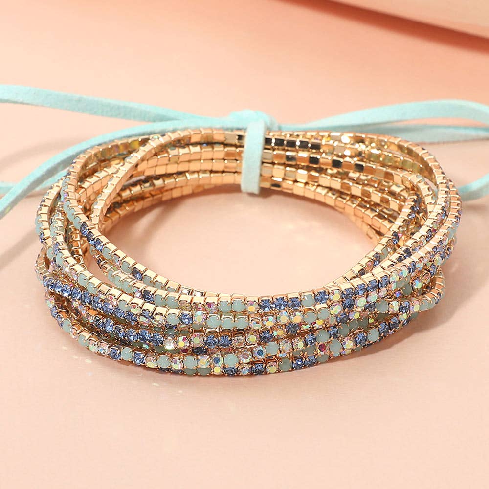 12PCS - Ribbon Colorful Rhinestone Layered Stretch Bracelets