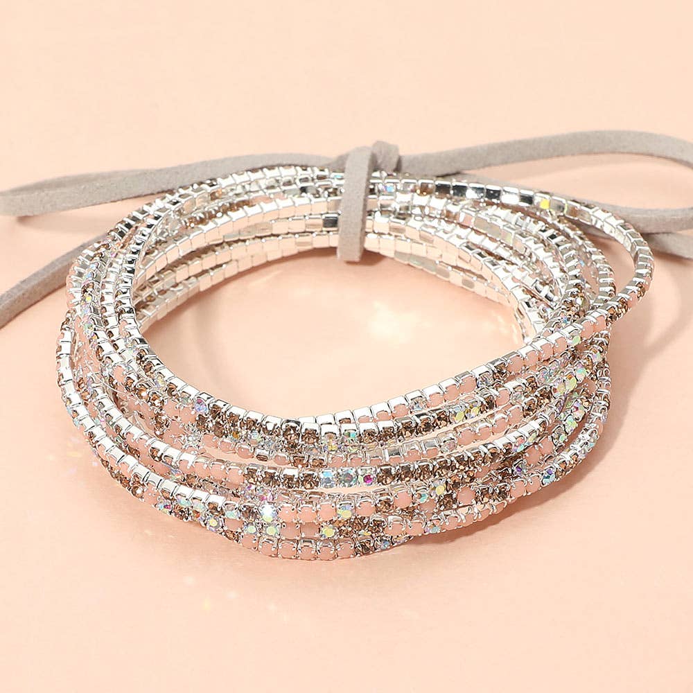 12PCS - Ribbon Colorful Rhinestone Layered Stretch Bracelets