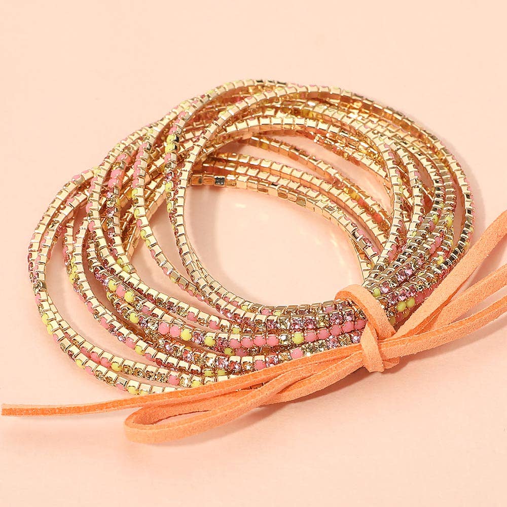12PCS - Ribbon Colorful Rhinestone Layered Stretch Bracelets