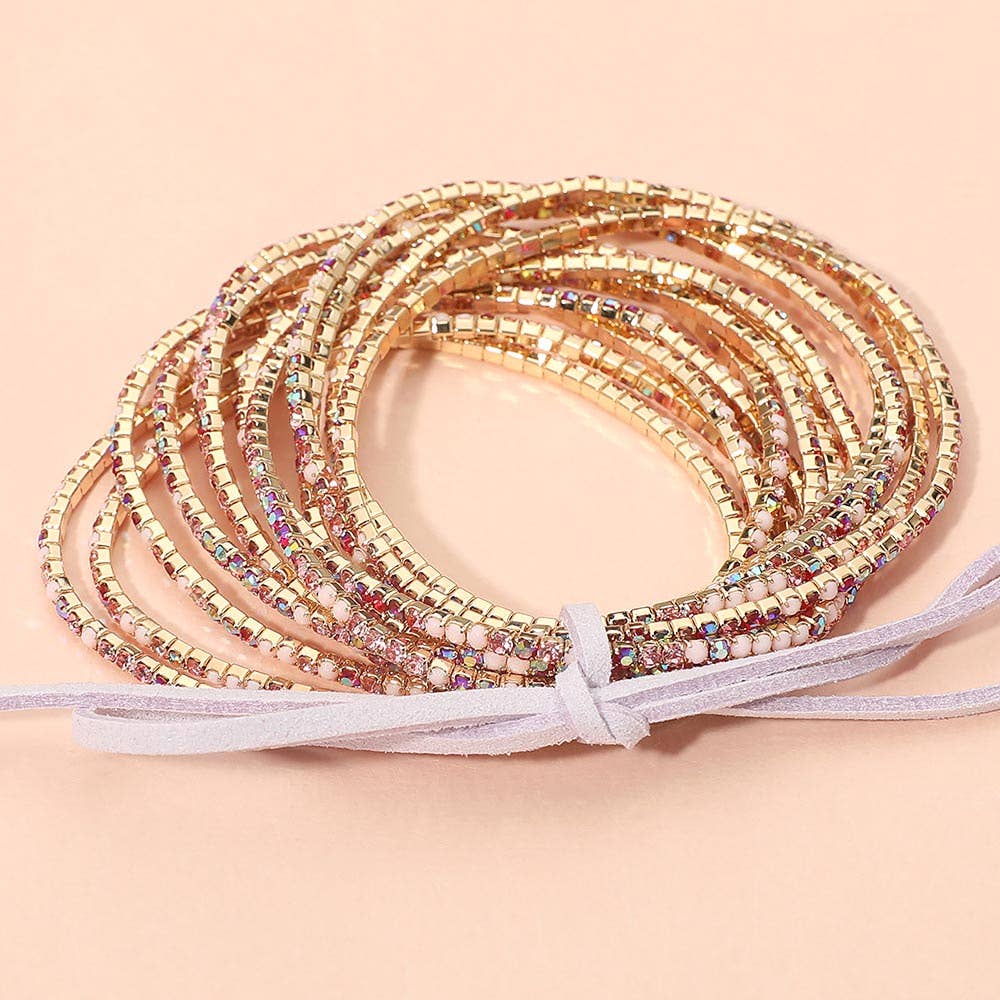 12PCS - Ribbon Colorful Rhinestone Layered Stretch Bracelets