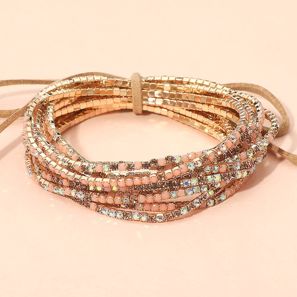 12PCS - Ribbon Colorful Rhinestone Layered Stretch Bracelets
