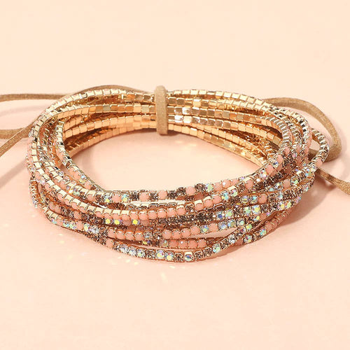 12PCS - Ribbon Colorful Rhinestone Layered Stretch Bracelets
