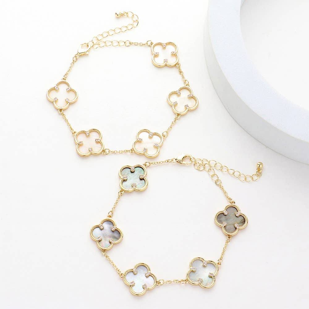 Brass Metal Mother Of Pearl Quatrefoil Station Bracelet