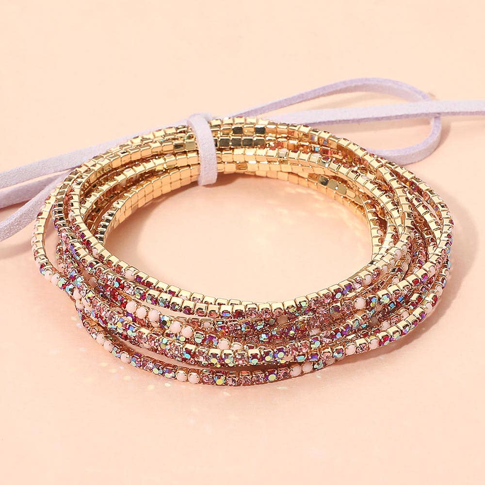 12PCS - Ribbon Colorful Rhinestone Layered Stretch Bracelets