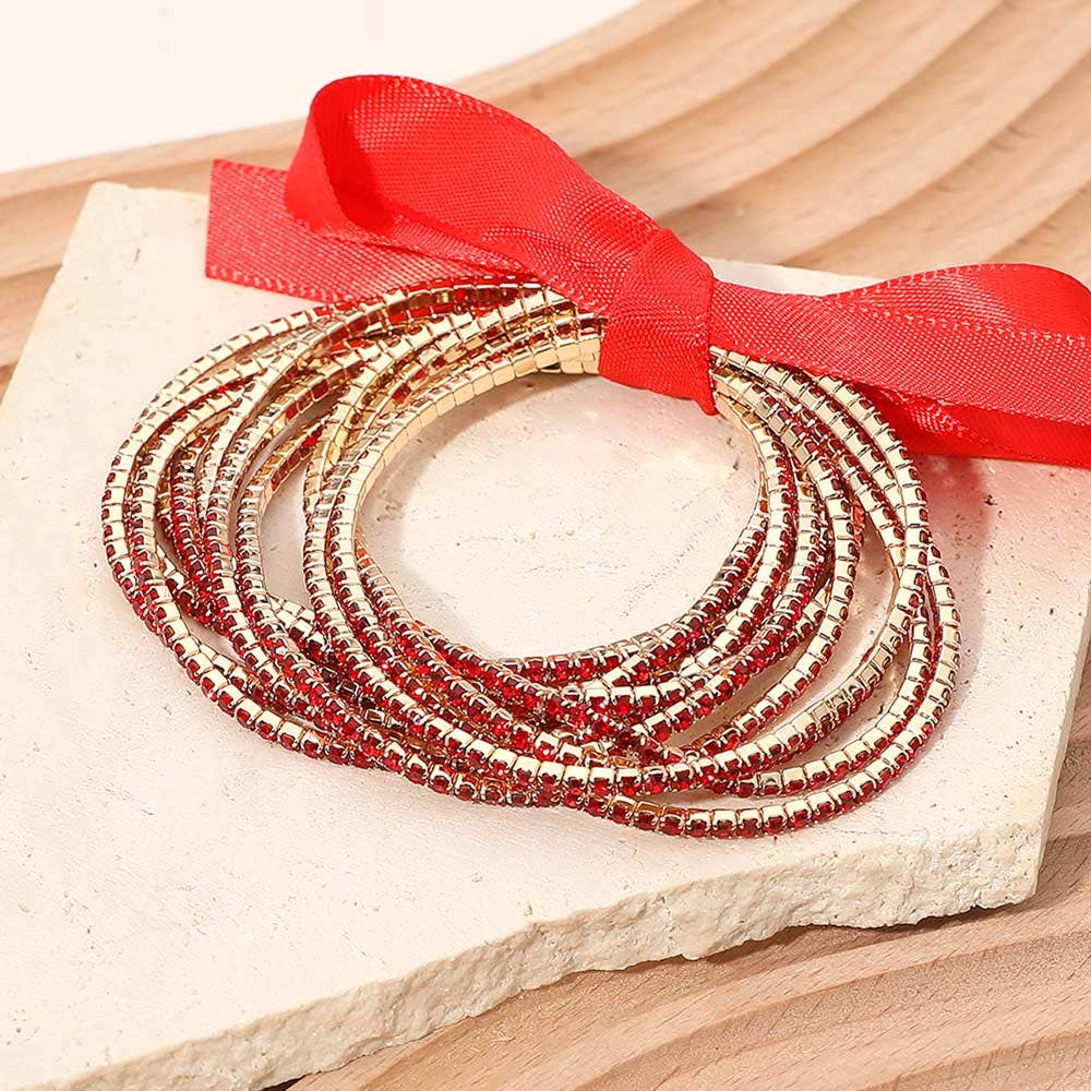 12PCS - Ribbon Slim Rhinestone Stretch Multi Layered Bracelet