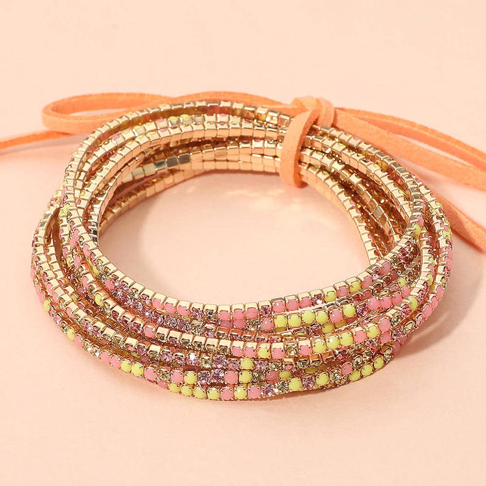 12PCS - Ribbon Colorful Rhinestone Layered Stretch Bracelets