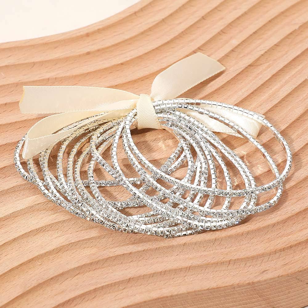 12PCS - Ribbon Slim Rhinestone Stretch Multi Layered Bracelet
