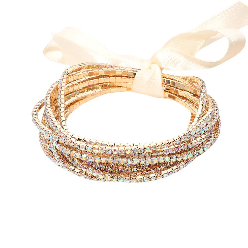 12PCS - Ribbon Slim Rhinestone Stretch Multi Layered Bracelet