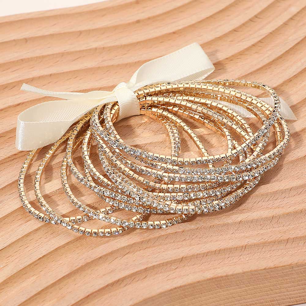 12PCS - Ribbon Slim Rhinestone Stretch Multi Layered Bracelet