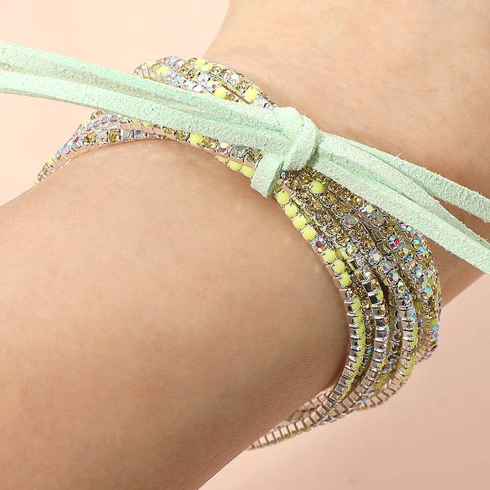 12PCS - Ribbon Colorful Rhinestone Layered Stretch Bracelets