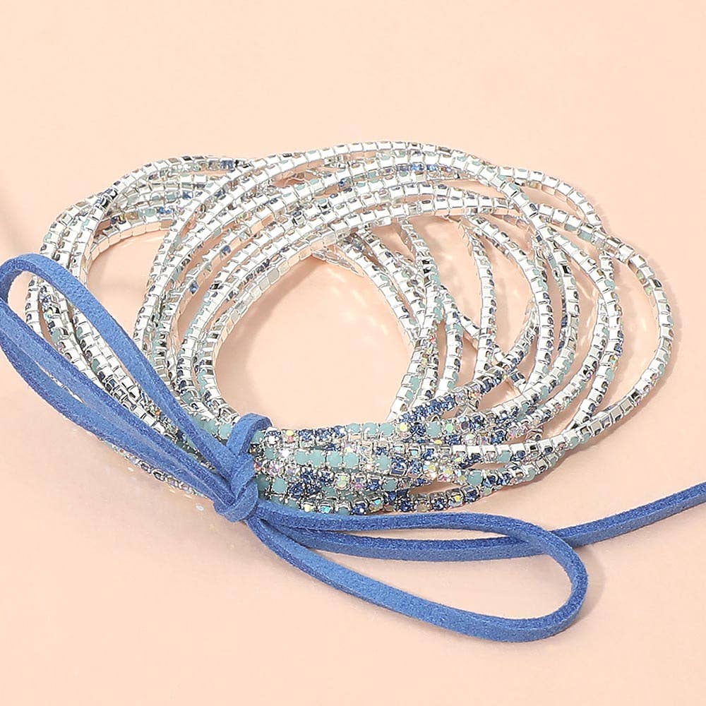 12PCS - Ribbon Colorful Rhinestone Layered Stretch Bracelets
