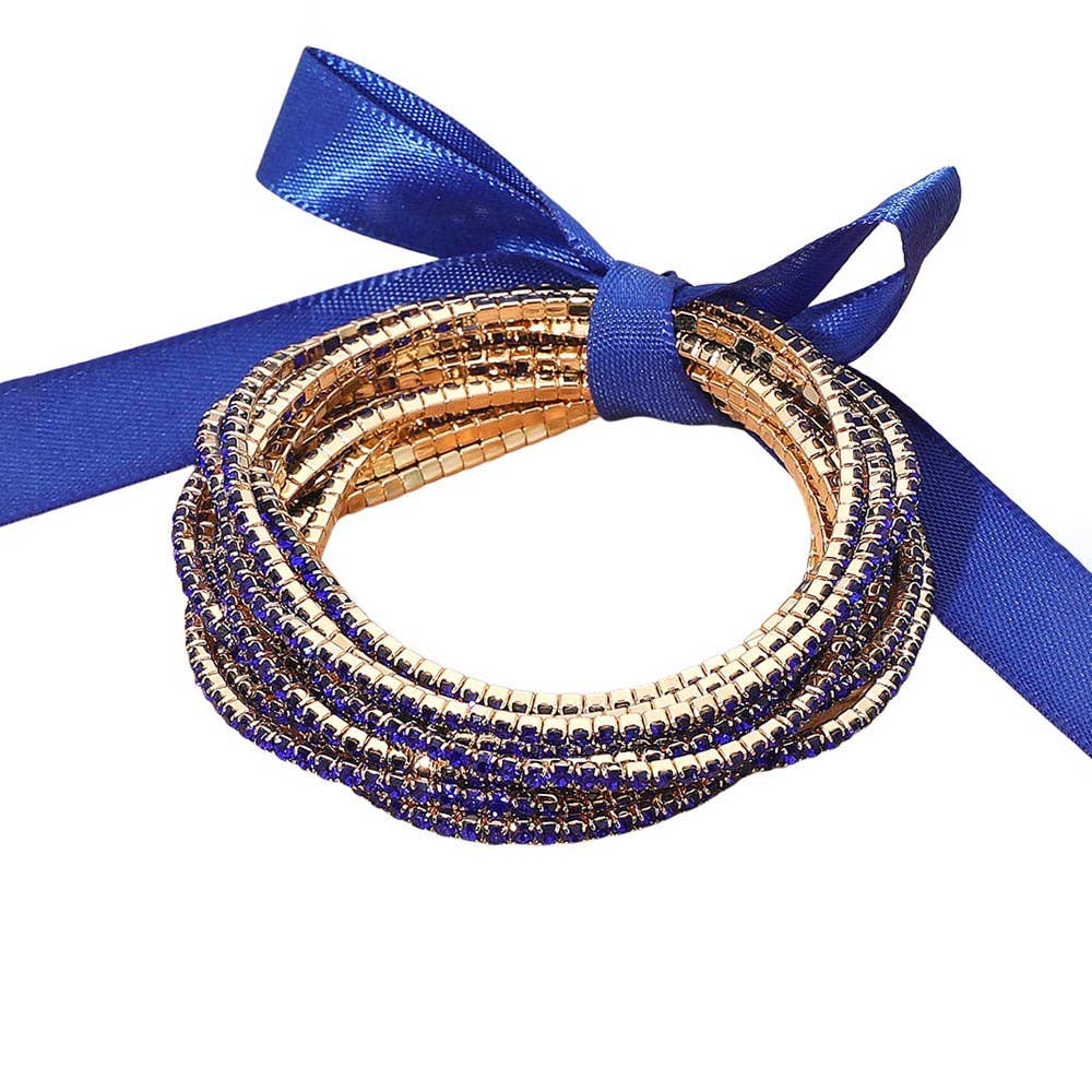 12PCS - Ribbon Slim Rhinestone Stretch Multi Layered Bracelet