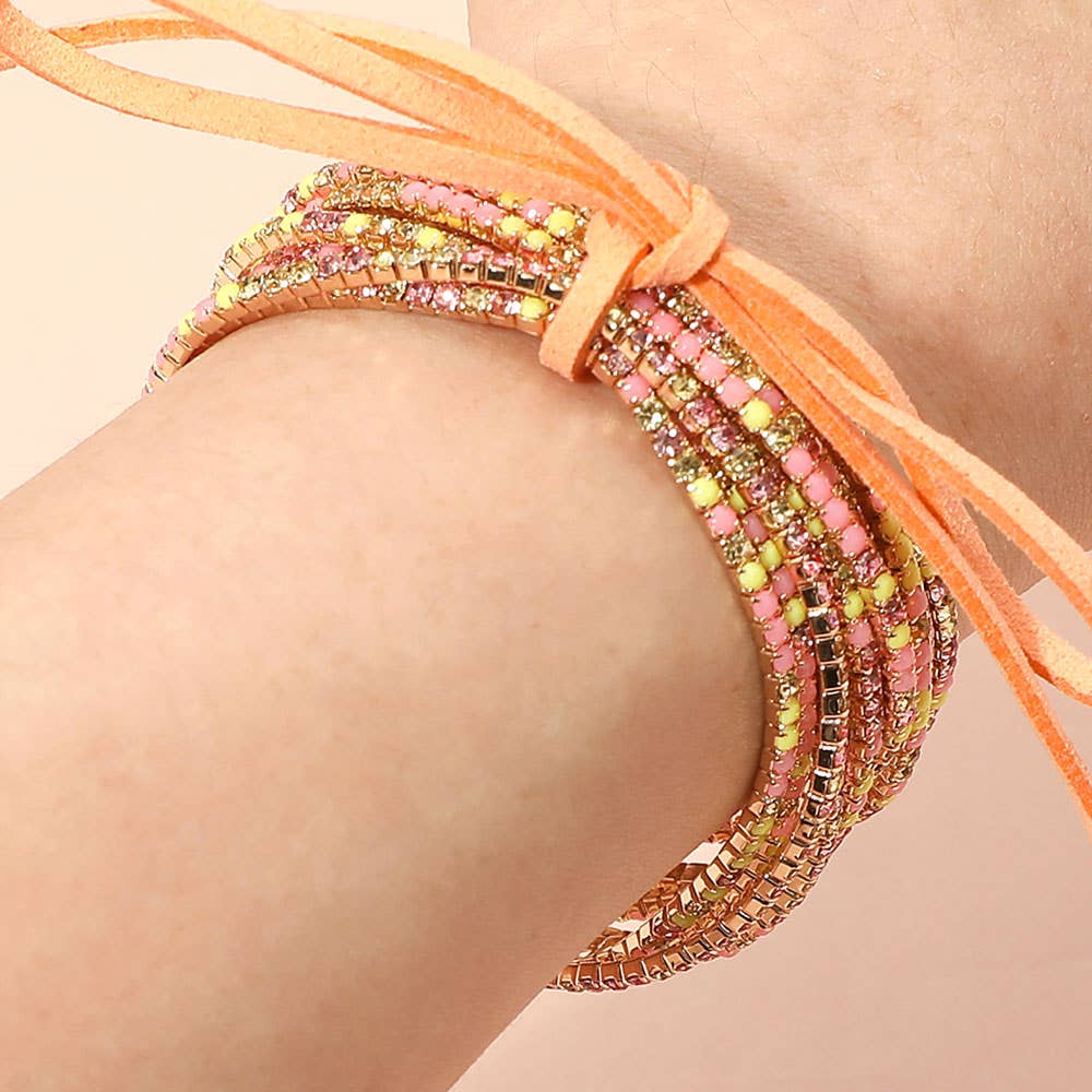 12PCS - Ribbon Colorful Rhinestone Layered Stretch Bracelets