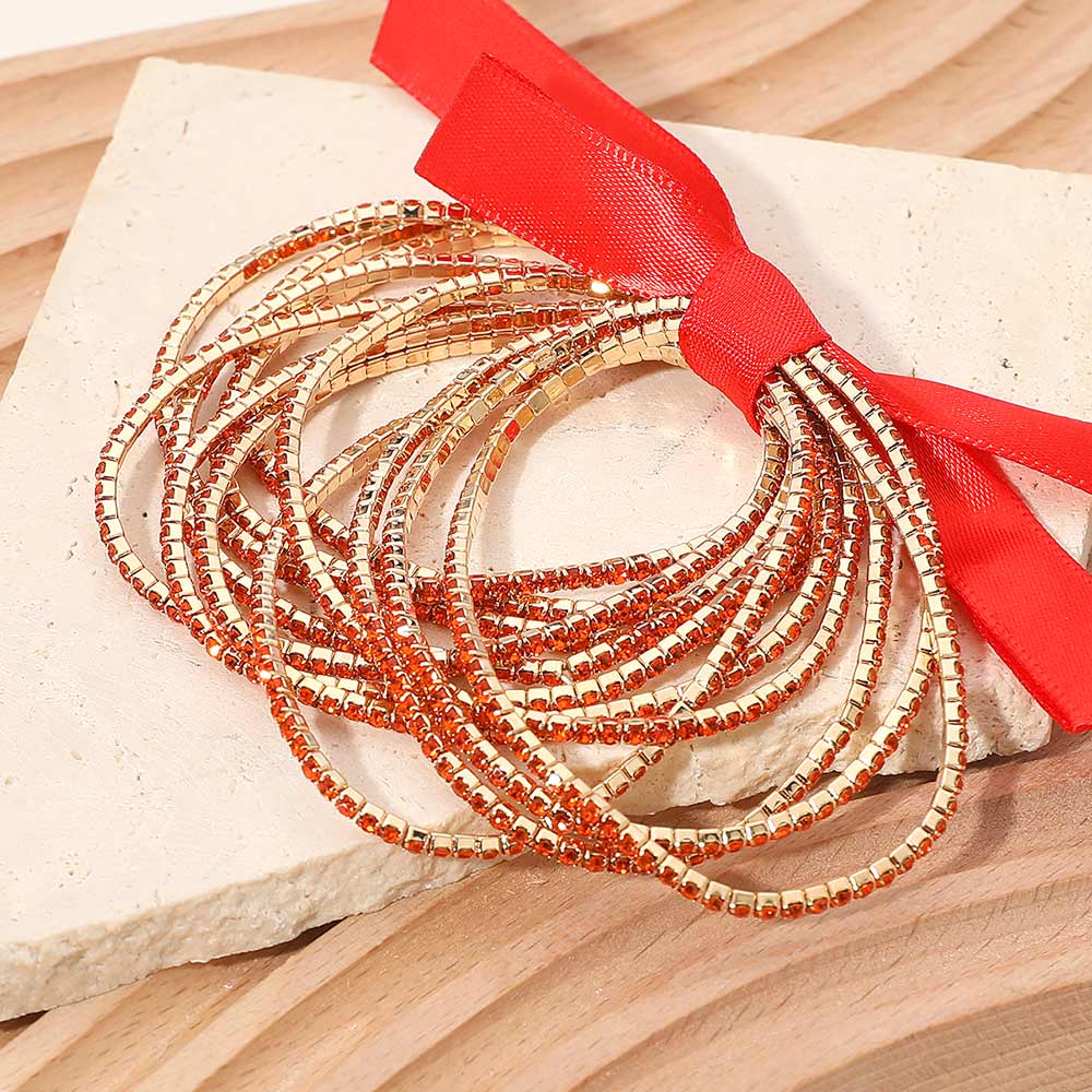 12PCS - Ribbon Slim Rhinestone Stretch Multi Layered Bracelet