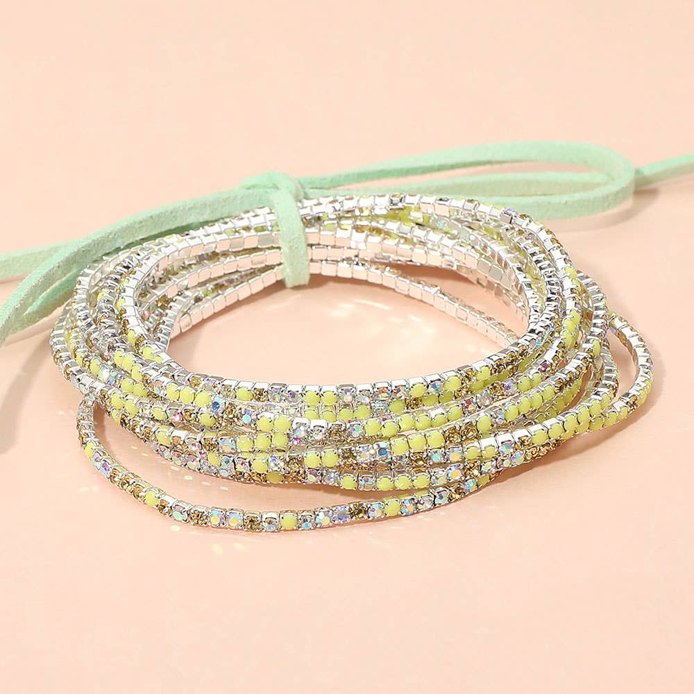 12PCS - Ribbon Colorful Rhinestone Layered Stretch Bracelets