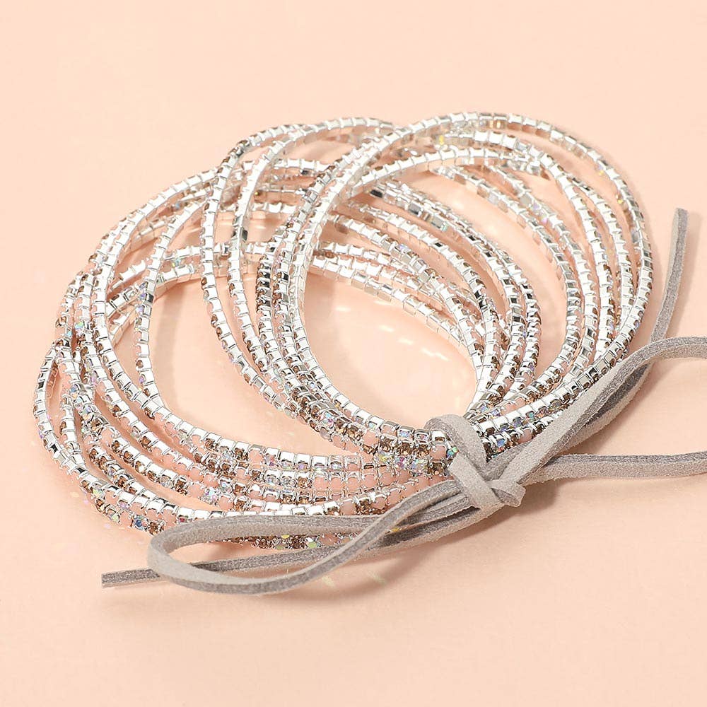 12PCS - Ribbon Colorful Rhinestone Layered Stretch Bracelets