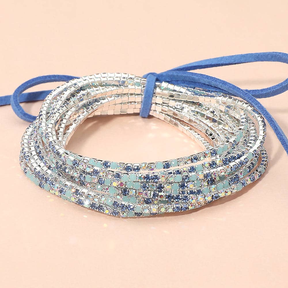 12PCS - Ribbon Colorful Rhinestone Layered Stretch Bracelets