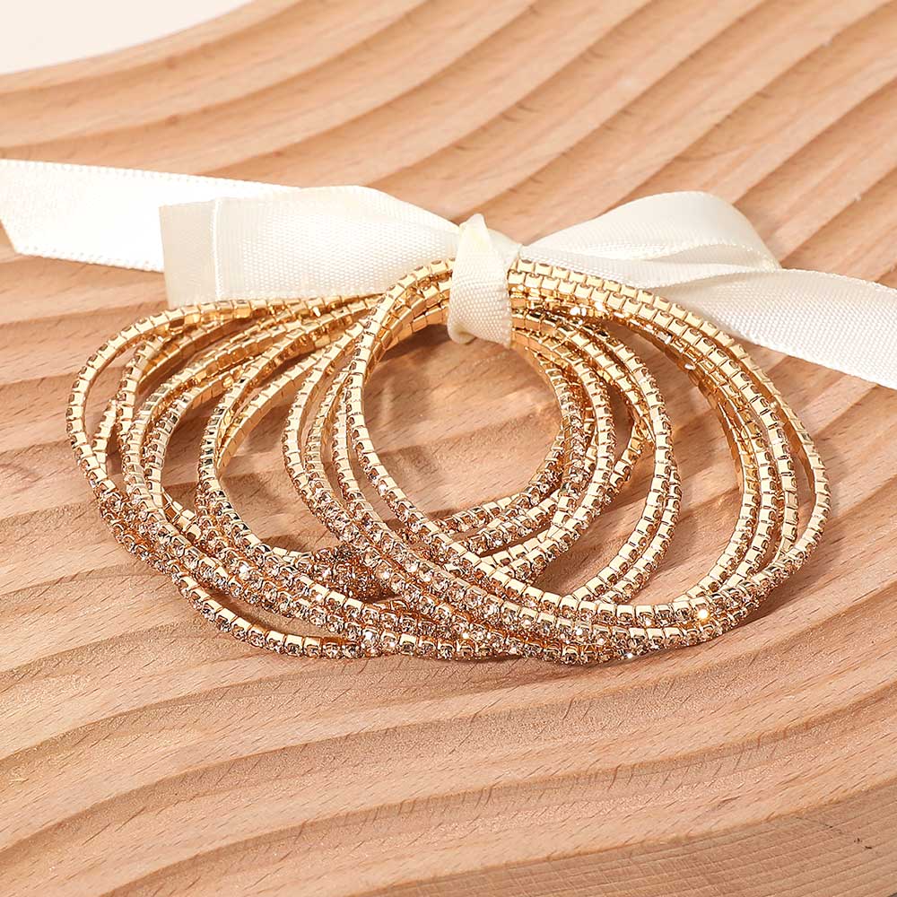 12PCS - Ribbon Slim Rhinestone Stretch Multi Layered Bracelet