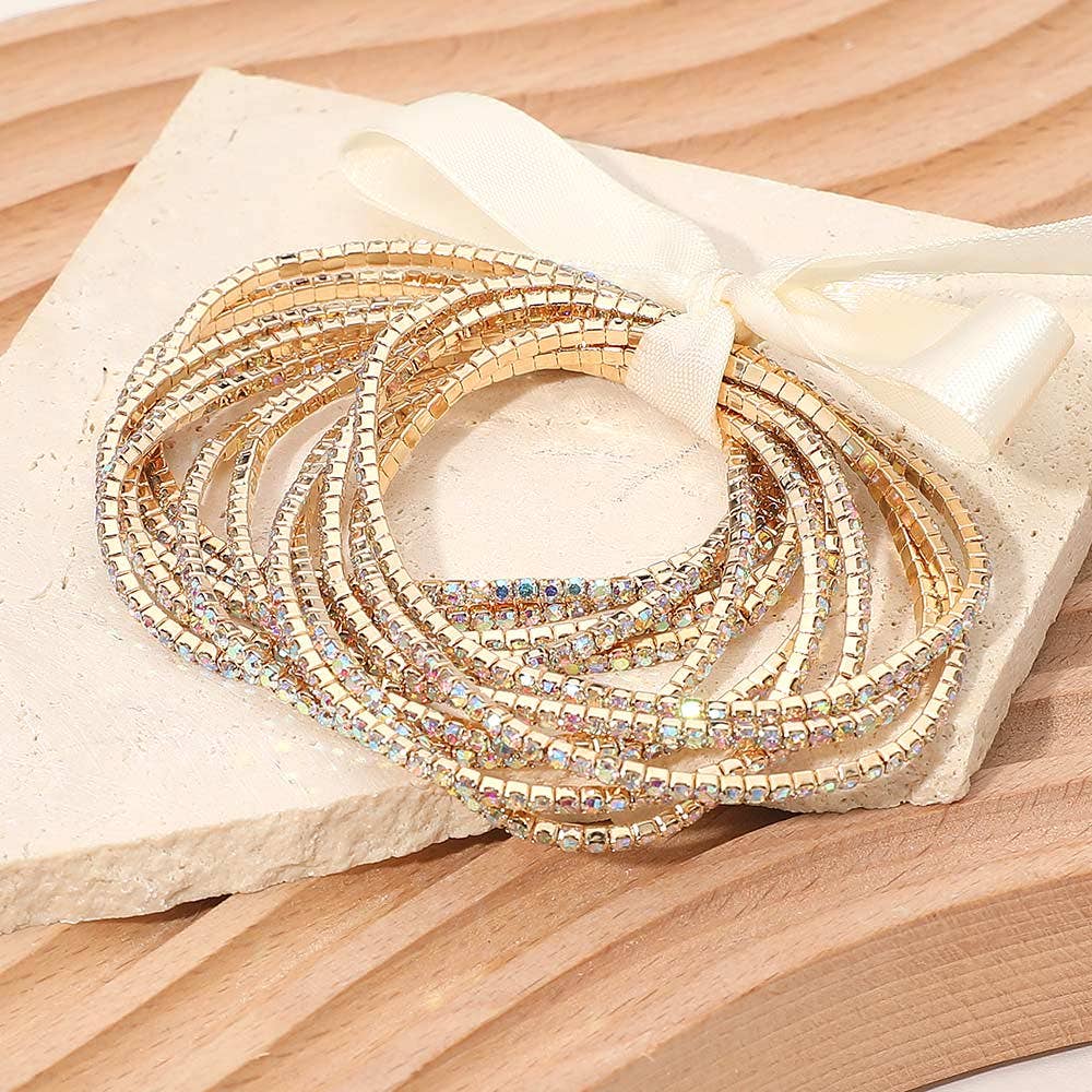 12PCS - Ribbon Slim Rhinestone Stretch Multi Layered Bracelet