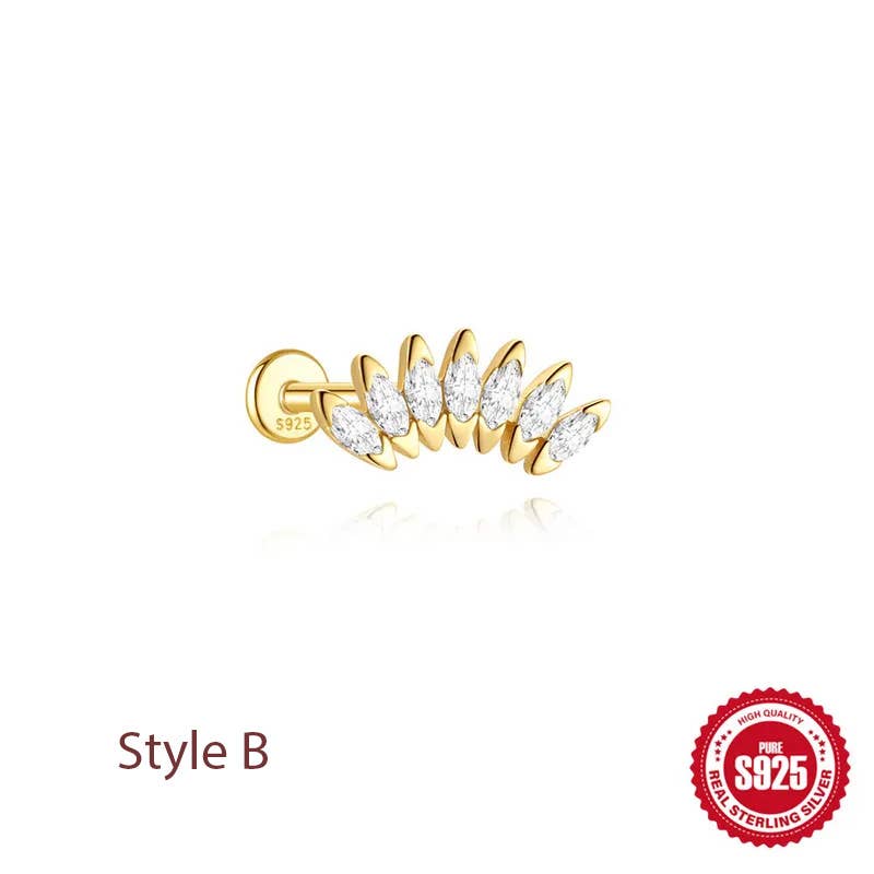 A gold ear cuff stud with marquise-cut clear stones, labeled 'Style B' on a white background with a red S925 sterling silver seal in the bottom right corner.