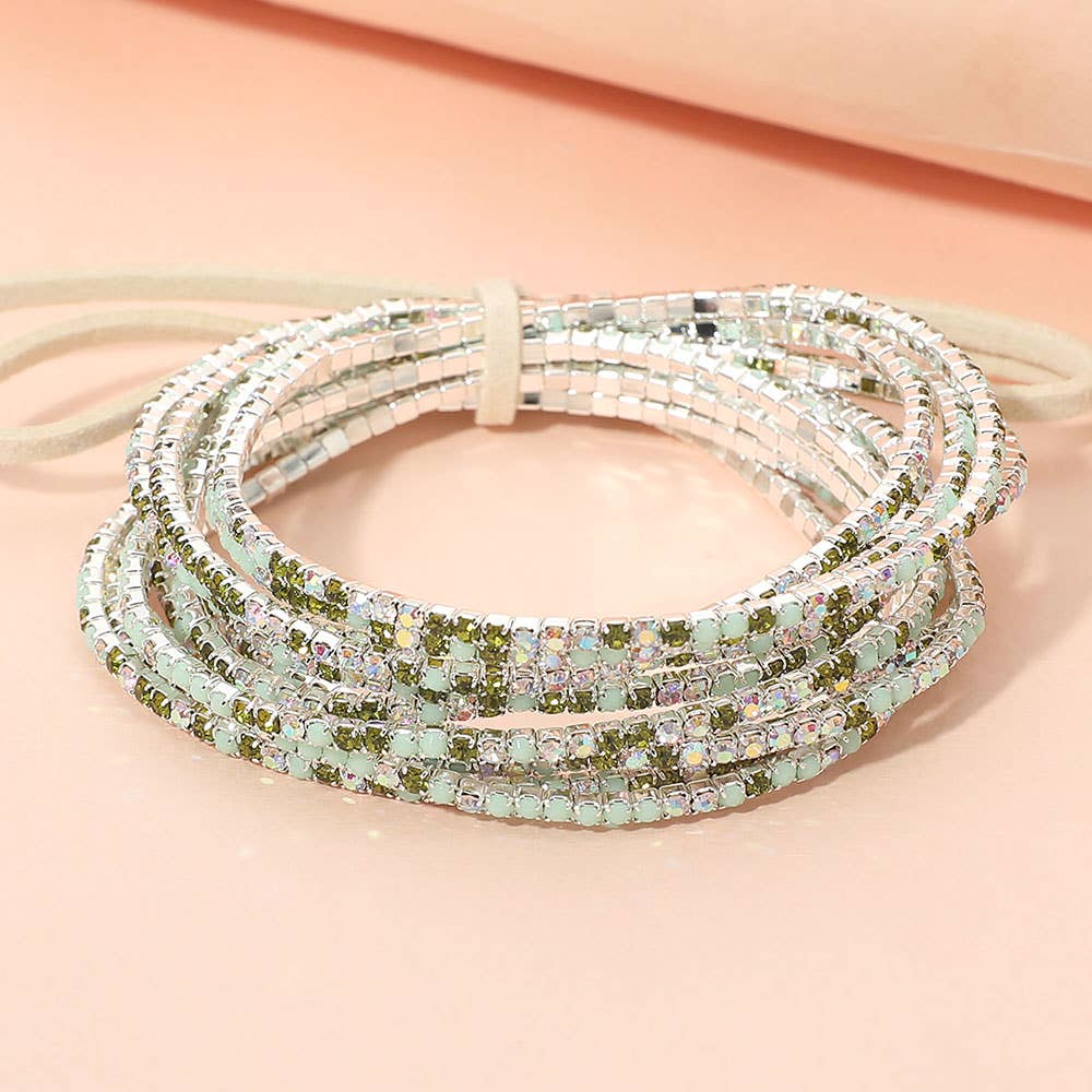 12PCS - Ribbon Colorful Rhinestone Layered Stretch Bracelets
